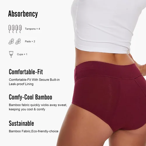 Vista 4 de KEECOW Comodidad a prueba de fugas, ropa interior de bambú para mujer, posparto, flujo pesado, calzón, paquete de 3