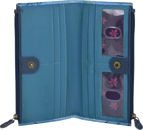 Vista 3 de Anuschka Cartera RFID de dos pliegues pintada a mano para mujer, botón a presión, tarjetero con protección RFID y ranura para identificación