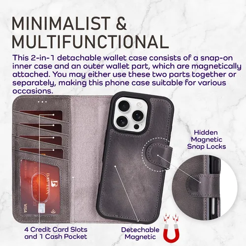 Vista 39 de Bayelon Funda tipo cartera para iPhone 15 Pro, cartera de cuero de grano completo, funda magnética desmontable, tarjetero, funda tipo cartera
