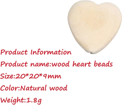 Vista 2 de 100 cuentas de corazones de madera natural de 0.787 pulgadas sin terminar con agujeros, materiales de madera ecológicos para llavero, bricolaje