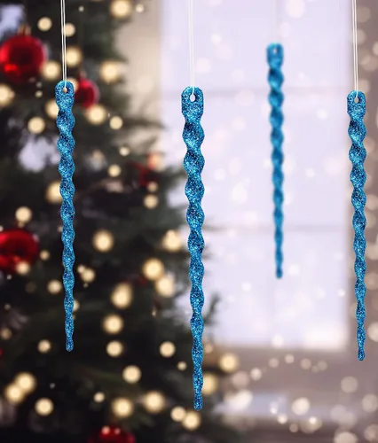 Vista 4 de AMS Adornos de carámbanos de plástico con purpurina brillante, 30 piezas de carámbanos torcidos, decoración para árbol de Navidad y colgar en Azul
