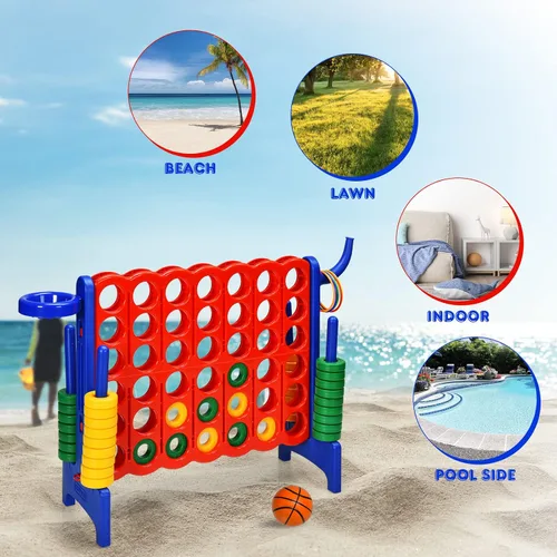 Vista 8 de HONEY JOY Juego gigante gigante de 4 a puntuación, 3 en 1 para interiores y exteriores, juego de patio familiar con aro de baloncesto y lanzamiento