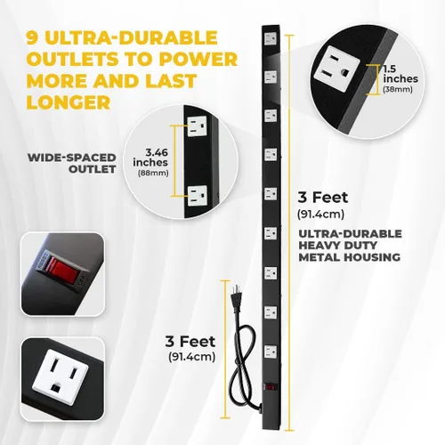 Vista 2 de OT3093 - Cable de alimentación de 9 tomacorrientes de 3 pies de 3 pies, protector de sobretensiones de metal resistente con piezas de montaje, tapas