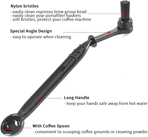 Vista 3 de CAFEMASY - Cepillo de limpieza para máquina de café expreso, paquete de 2 cepillos de limpieza de café con cuchara y 2 cabezales de cerdas de nailon