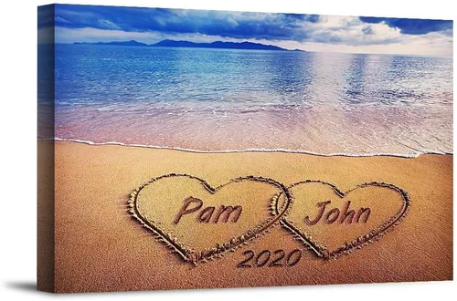 Vista 10 de Corazón y corazón en hermoso amanecer fotos personalizadas únicas o impresiones en lienzo con nombres de pareja y fecha especial en la playa, regalo