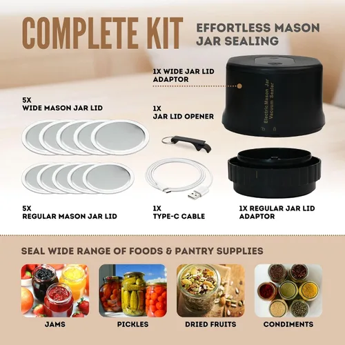 Vista 7 de Kit de sellado al vacío eléctrico para tarros Mason 2026, sellador automático recargable para tarros Mason - Incluye 5 tapas (boca regular y ancha)