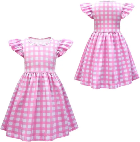 Vista 4 de IWEMEK Vestido de cuadros rosa de los años 50 para niñas, vestido a cuadros rosa con sombrero y lazo para el pelo a cuadros, 3 piezas, disfraz