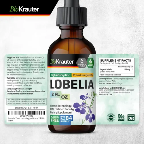 Vista 8 de BIO KRAUTER Lobelia Tintura para limpieza y desintoxicación pulmonar – Extracto líquido de hierba de lobelia vegana pura – 2 onzas líquidas. 84 días