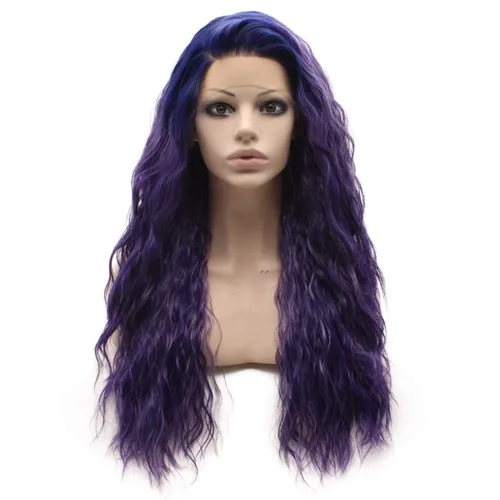Vista 3 de Mxangel - Peluca de cabello sintético largo y rizado con encaje frontal, color morado, resistente al calor, para fiesta de cosplay