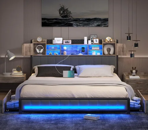 Vista 3 de CSZZD Base de cama Queen con 4 cajones de almacenamiento y cabecera de estantería, marco de cama LED tapizado Queen con estación de carga tipo C