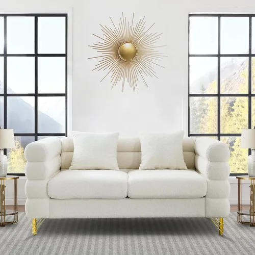 Vista 22 de Cómodo sofá de 3 plazas, sofá Boucle de gran tamaño de 81 pulgadas con diseño de asiento profundo, sofá tapizado con 2 almohadas, moderno sofá