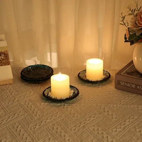 Vista 2 de OwnMy 4 platos y bandejas para velas de vidrio de mosaico de 4 pulgadas, portavelas de pilar, posavasos de mosaico de vidrio, bases decorativas