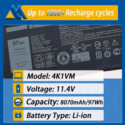 Vista 2 de Reemplazo de batería 97Wh 4K1VM para Dell G7 17 7700 Series Notebook W62W6 0W62W6 9TM7D 09TM7D XYCW0 0XYCW0 V0GMT NCC3D 0NCC3D NYD3W 0NYD3W 11.4V
