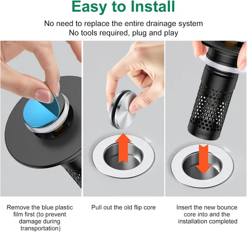 Vista 4 de Colador de drenaje para lavabo de baño, tapón universal para fregadero Negro