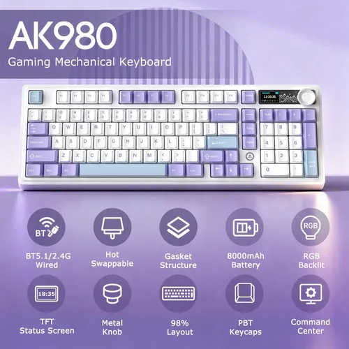 Vista 2 de AK980 Teclado Mecánico Completo de 97 Teclas Tri-Mode, Montado con Junta, Intercambiable en Caliente, Pantalla Inteligente TFT de 1.14”, Bluetooth