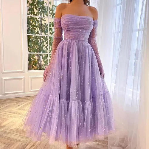 Vista 2 de Vestidos elegantes y esponjosos para mujer, con hombros descubiertos, fruncidos, de tul, sin tirantes, vestidos formales de fiesta de noche