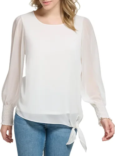 Vista 2 de Calvin Klein Blusa de manga fruncida con dobladillo de nudo mate para mujer
