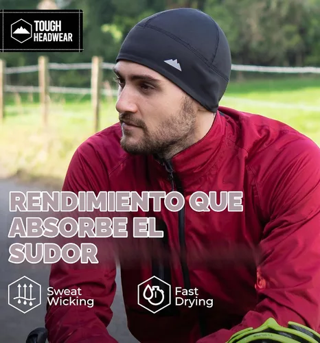 Vista 4 de Tough Headwear Thermal Skull Cap - Moisture-Wicking Running Beanie - Wind-Blocking Cycling Cap - 4-Way Stretch Beanie for Men Negro