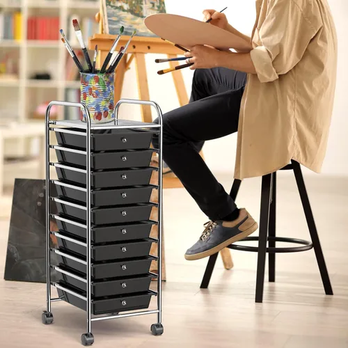 Vista 9 de COSTWAY Carrito de almacenamiento con ruedas de 10 cajones, carrito móvil utilitario con cajones extraíbles y ruedas universales y 2 frenos, carrito