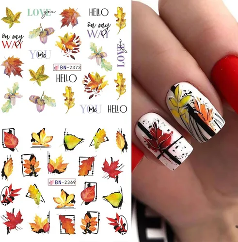 Vista 2 de Calcomanías holográficas para arte de uñas, diseños holográficos de transferencia de agua de hoja de arce de otoño, hojas de otoño, hongos