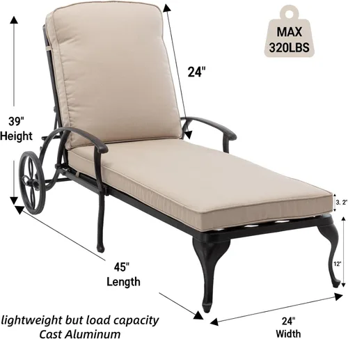 Vista 2 de Chaise Lounge - Silla de patio con ruedas, ajustable, reclinable, resistente al óxido, de aluminio fundido junto a la piscina, cojín beige