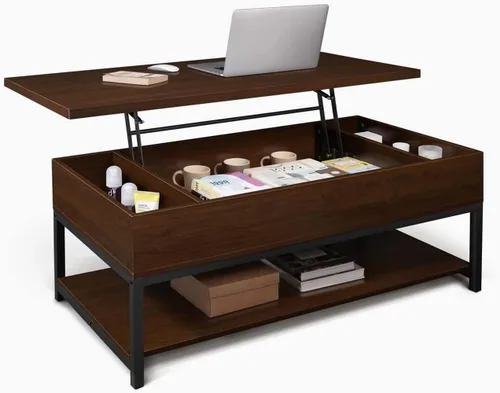 Vista 13 de CAPHAUS Mesa de centro elevable con compartimento oculto y cajón deslizante, mesa elevadora para almacenamiento de sala de estar, 41 pulgadas