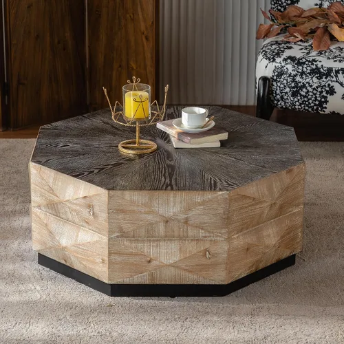 Vista 17 de Mesa de centro de madera para sala de estar, mesa de centro de artesanía vintage de granja, mesa de centro curvada de diseño Art Deco, mesas de té