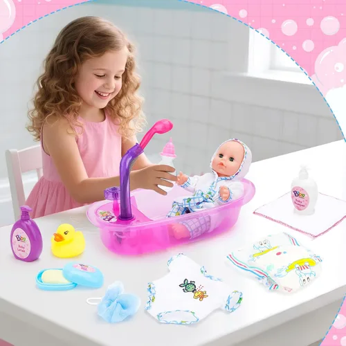 Vista 2 de deAO Juego de muñeca bebé, juego de muñeca de 13 pulgadas para hora del baño con spray de ducha funcional y accesorios para niños, muñeca bebé