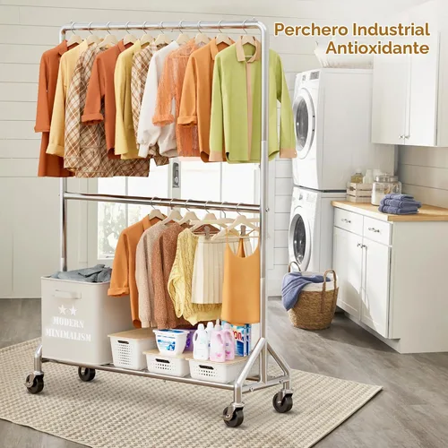 Vista 7 de AOODA Perchero de ropa resistente de 50 pulgadas de ancho para colgar ropa, perchero industrial de doble barra con ruedas, perchero resistente