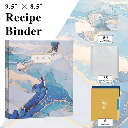 Vista 2 de Carpeta de recetas de 3 anillos de 8.5 x 9.5 pulgadas, juego organizador de recetas de página completa con 3 anillos con 25 páginas de ranura y 50