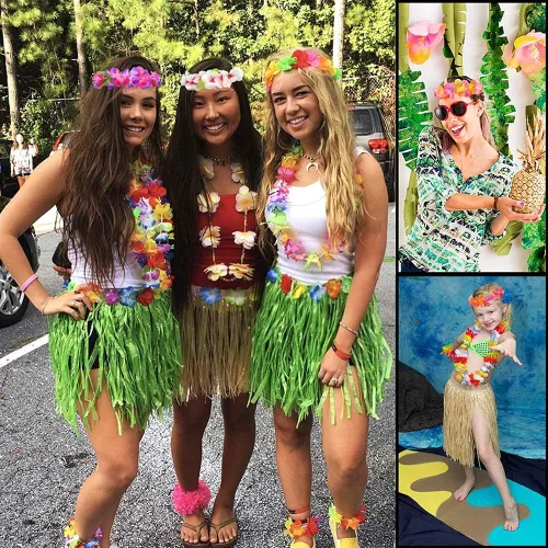Vista 3 de 30 faldas de hierba hawaianas Luau Hula faldas hawaianas Leis flores, faldas de hierba, diadema, muñequeras, falda de hula tropical para niñas