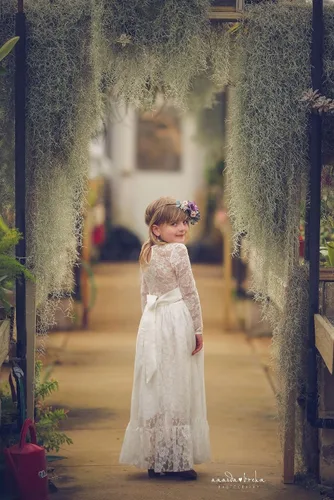 Vista 4 de Abaowedding Fancy Ivory White Lace Flower Girl Dress Boho Rustic First Communion Gowns