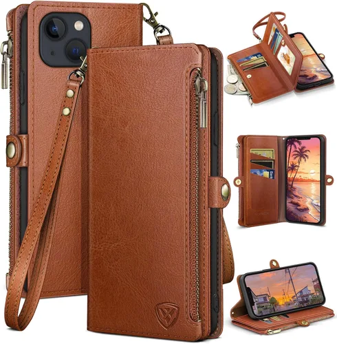 Vista 8 de XcaseBar Funda tipo cartera para iPhone 14 Plus de 6.7 pulgadas con cremallera y tarjetero de crédito [bloqueo RFID], funda de piel sintética