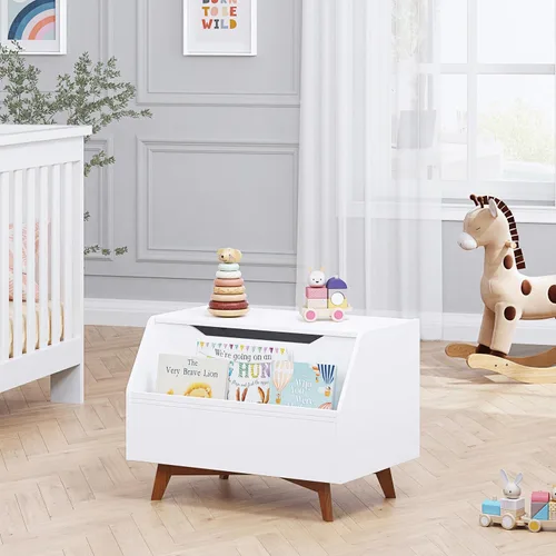 Vista 5 de UTEX Caja de juguetes para niños, baúl de juguetes de madera, banco organizador de almacenamiento para niños con área de almacenamiento frontal