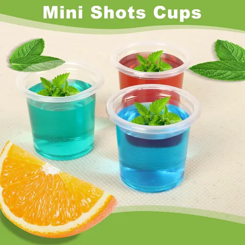 Vista 5 de Mini vasos de gelatina desechables de 0.6 oz/0.7 fl oz, pequeños vasos de muestra de plástico transparente para degustación de alcohol de tequila