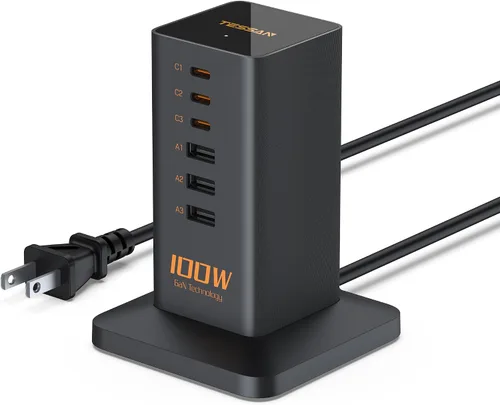 Vista 11 de TESSAN - Estación de carga USB de 100 W para múltiples dispositivos, cargador USB 9 en 1 Desktop Accessories with 3 AC Outlet, 3 USB C, 3 USB A for