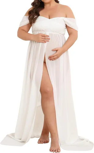 Vista 2 de Vestido de maternidad para fotografía con hombros descubiertos, vestido de gasa con abertura frontal, maxi vestidos de embarazo para sesión de fotos