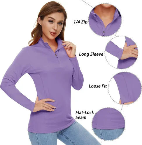 Vista 5 de CRYSULLY Camisas de manga larga para mujer, protección solar, cremallera de 14, de verano, de secado rápido