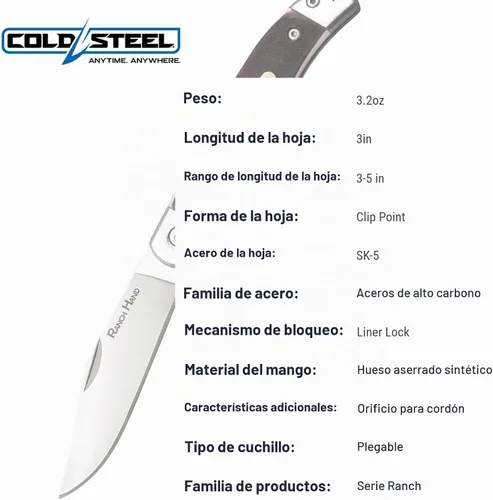 Vista 7 de COLD STEEL Ranch Hand SK-5 - Cuchillo plegable versátil de bolsillo compacto y versátil con hoja afilada de 3.75 pulgadas, mango de hueso aserrado