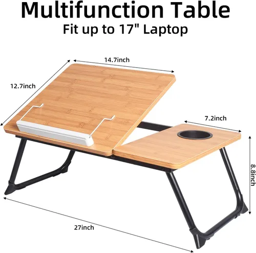 Vista 6 de Mesa de cama ajustable para laptop con soporte para libros, escritorio portátil de lectura con panel lateral, grano de madera