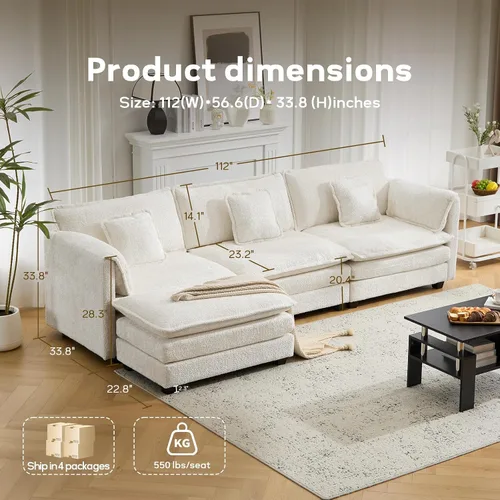 Vista 2 de Sofá modular de nube modular de 112 pulgadas con otomana móvil, sofás en forma de L para sala de estar, cómodo sofá de 3 plazas con funda extraíble