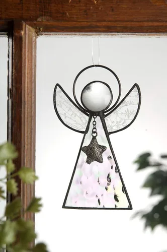 Vista 8 de J Devlin Glass Art Adorno de ángel de vidrieras – Atrapasoles de vidrio iridiscente con alas texturizadas transparentes y acento de estrella