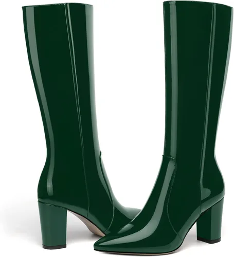 Vista 34 de AMBELIGHT Botas altas hasta la rodilla con cremallera y puntera puntiaguda para mujer, de patente sólida, tacón alto, 3.3 pulgadas