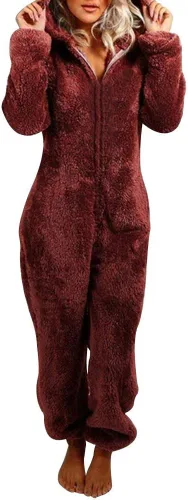 Vista 5 de Pijama de forro polar para mujer, mameluco cálido de sherpa, ropa de dormir de una pieza con cremallera y capucha