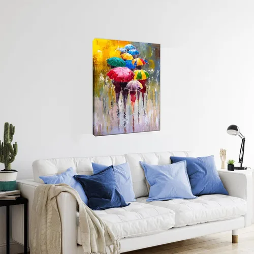 Vista 3 de KLVOS Lienzo grande para pared, 24 x 36 pulgadas, paraguas colorido, trabajador de oficina, caminando bajo la lluvia, lienzo pintura al óleo, obras