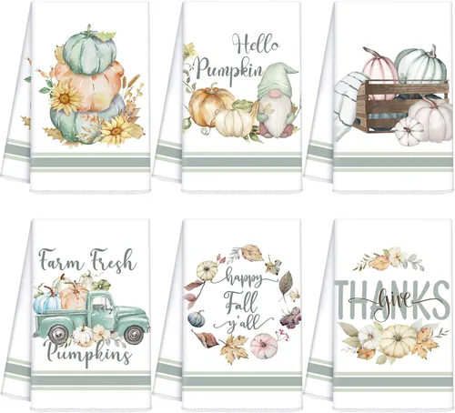 Vista 14 de Ganeen Juego de 6 toallas de mano de Acción de Gracias con texto en inglés «Hello Fall» en blanco y negro, vintage, calabaza, camión, motero