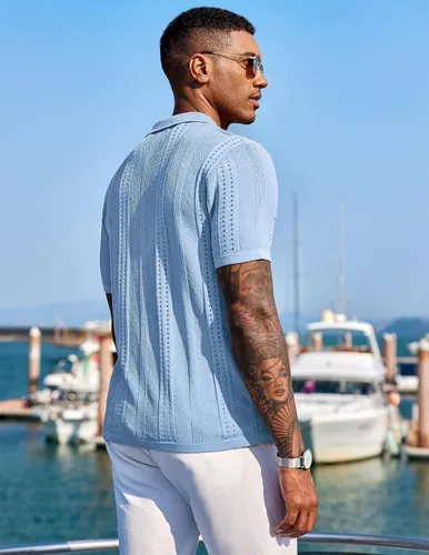 Vista 3 de COOFANDY Camisas de punto de manga corta con botones para hombre, camisas de playa de verano
