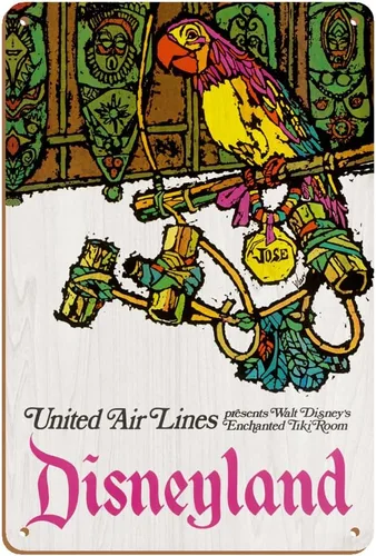 Vista 5 de Pacifica Island Art Disneyland - Encantado Tiki Room - José the Mexican Guacamayo - United Air Lines - Póster vintage de viaje de aerolínea por