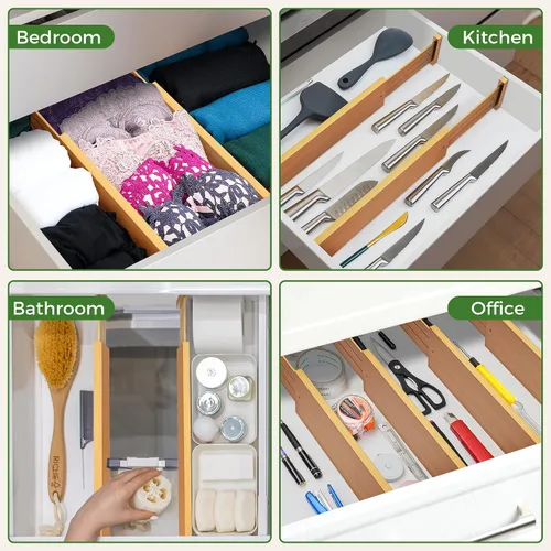 Vista 5 de FJO 6 Pack Bamboo Drawer Dividers 4.65" High Adjustable from 17'' to 22'' Strong Spring Loaded, Expandable Utensil Organizer, Works in Kitchen