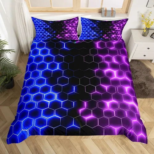 Vista 16 de Juego de ropa de cama geométrica de panal verde y azul, funda de edredón hexagonal estereoscópica para niños y niñas, funda de edredón hexagonal